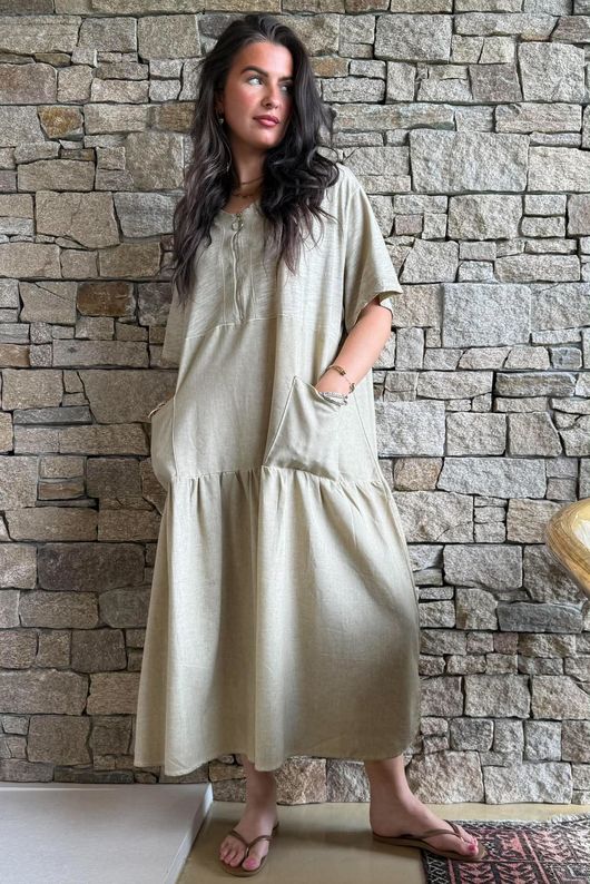 Rustic Nature Linen Blend Smock T Shirt Dress Washed Cedar